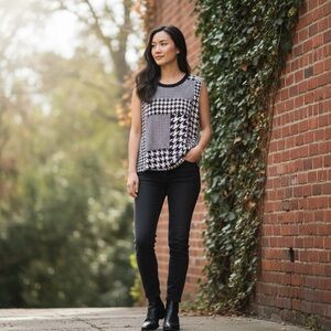 CAbi Black and White Houndstooth Sleeveless Blouse